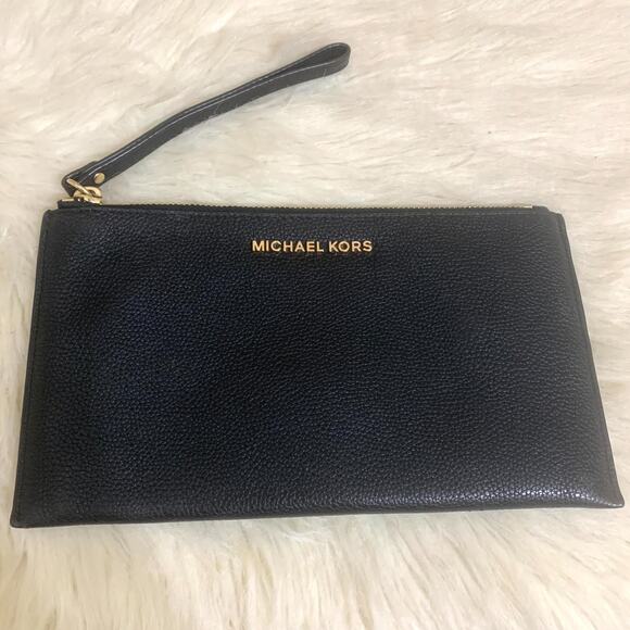 MICHAEL KORS Large 10" Black Pebbled Leather FLAT Pouch Wristlet Clutch - Picture 2 of 12